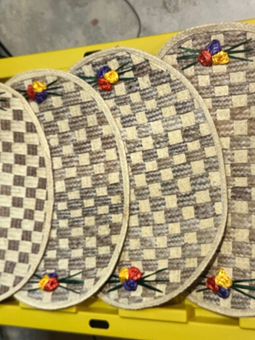Vintage Woven Straw Raffia Oval Placemats Set of 4 Raffia Flower Checkered Boho